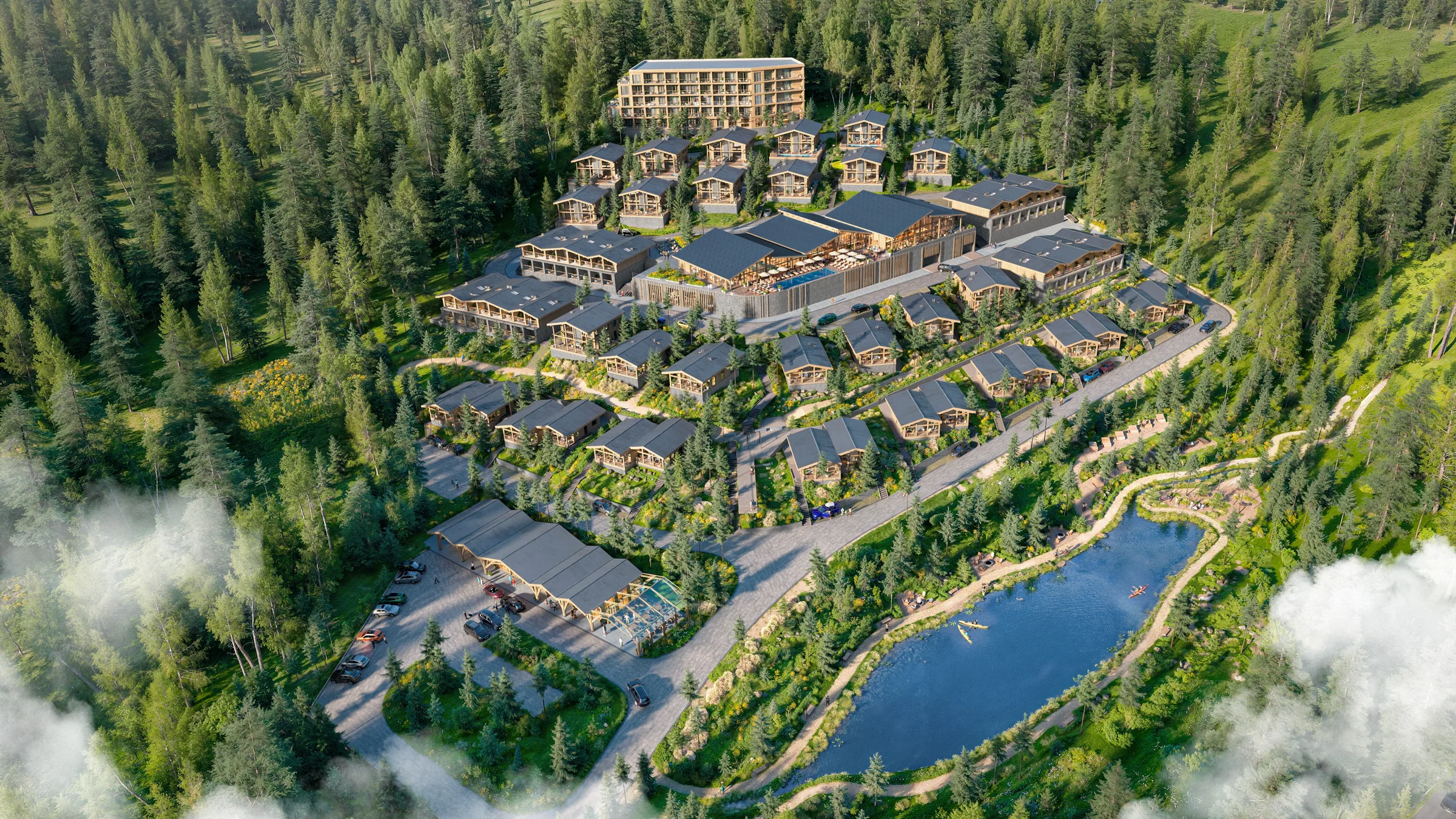 Вид на територію Chamonix Premier Resort згори: апартаменти й головний павільйон нагорі, котеджі на схилі, рецепція біля в'їзду